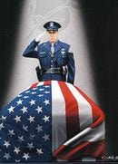 Officer saluting over flag-draped casket